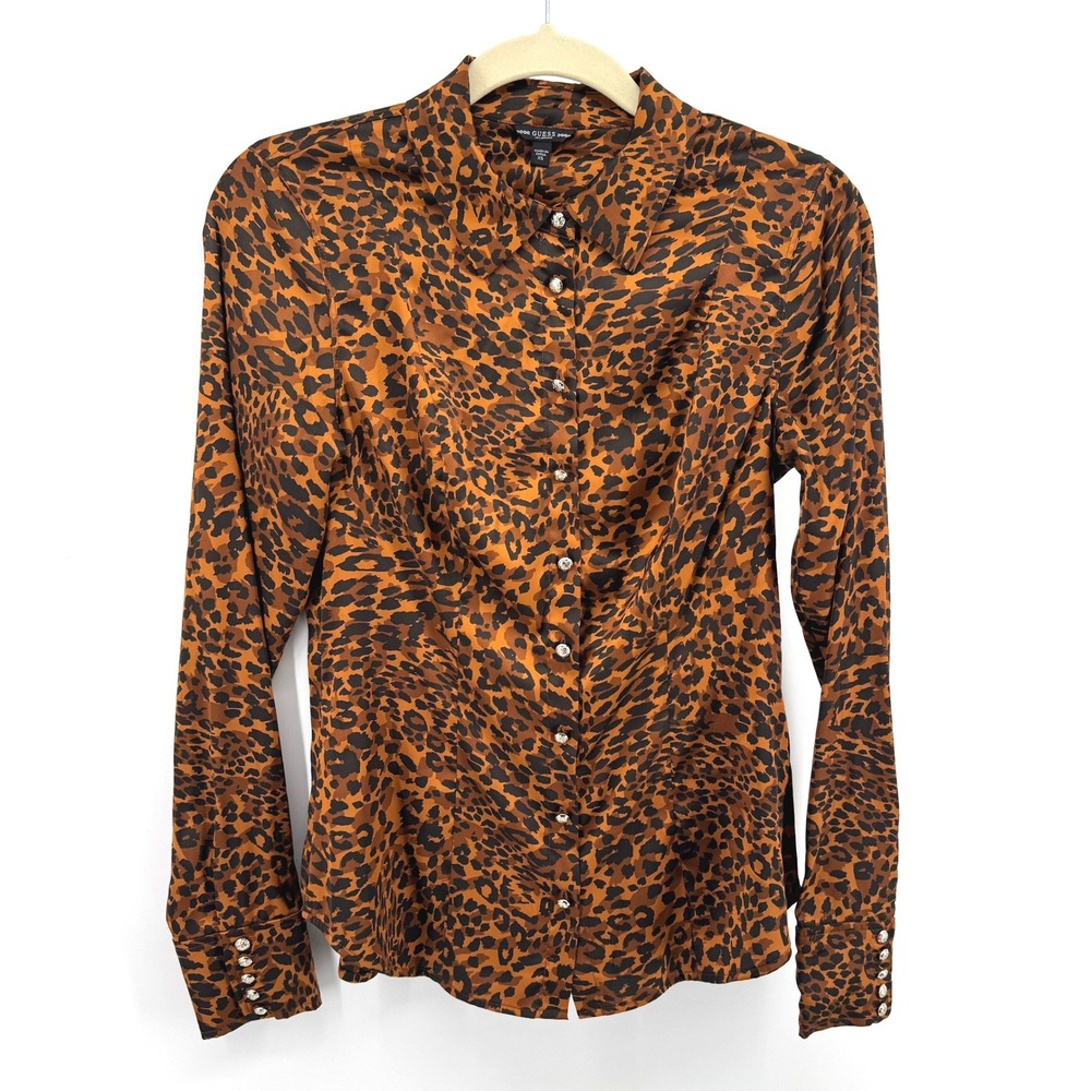GUESS Leopard Print Blouse Womens XS Brown Long Sleeve Button Down Mob Wife Y2K